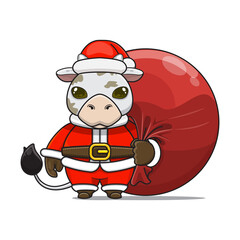 cute cow wearing santa costume and carrying santa bundle bag, animal mascot in christmas costume
