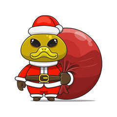 cute duck wearing santa costume and carrying santa bundle bag, animal mascot in christmas costume