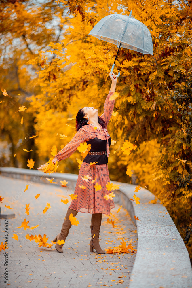 Wall mural beautiful girl in a dress with an umbrella in the autumn park. she holds him over her head, autumn l