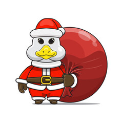 cute goose wearing santa costume and carrying santa bundle bag, animal mascot in christmas costume