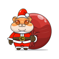 cute hamster wearing santa costume and carrying santa bundle bag, animal mascot in christmas costume