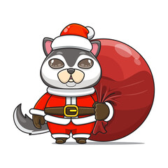 cute husky wearing santa costume and carrying santa bundle bag, animal mascot in christmas costume