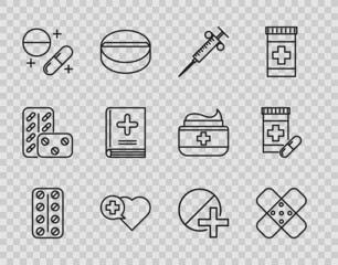 Set line Pills in blister pack, Crossed bandage plaster, Syringe, Heart with cross, Medicine pill or tablet, Medical book, and bottle pills icon. Vector