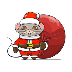 cute mouse wearing santa costume and carrying santa bundle bag, animal mascot in christmas costume