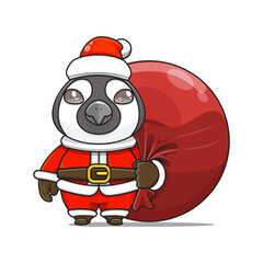 cute penguin wearing santa costume and carrying santa bundle bag, animal mascot in christmas costume