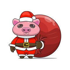 cute pig wearing santa costume and carrying santa bundle bag, animal mascot in christmas costume