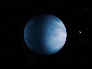 Asteroid near a blue planet in space. Alien world, exoplanet where life is possible 3d illustration. 