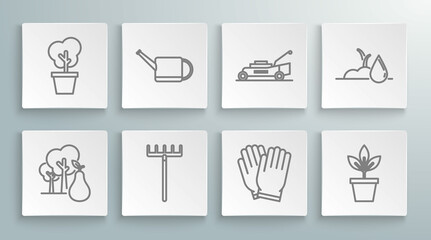 Set line Tree with pears, Watering can, Garden rake, gloves, Flowers pot, Lawn mower, sprout and icon. Vector