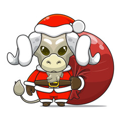 cute sheep wearing santa costume and carrying santa bundle bag, animal mascot in christmas costume