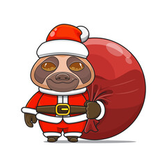 cute sloth wearing santa costume and carrying santa bundle bag, animal mascot in christmas costume