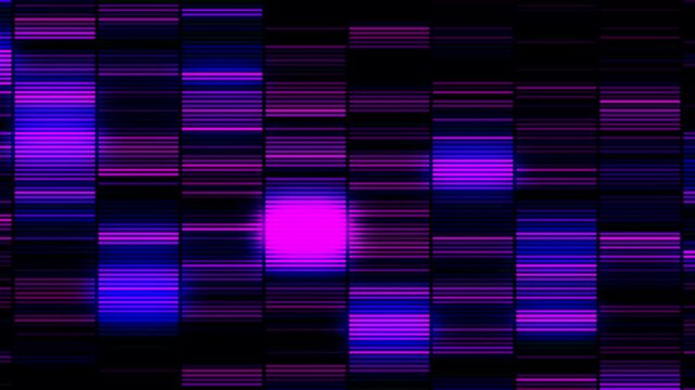 Horizontal flashing purple and blue stripes divided into same size short segments. Motion. Seamless loop hypnotic blinking neon lines.