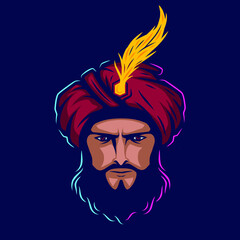 Sultan arabian king logo vector line neon art potrait colorful design with dark background. Abstract graphic illustration