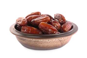 Sweet dried dates in bowl on white background