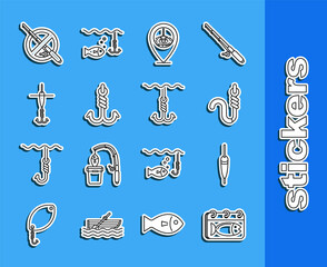 Set line Calendar with a fish, Fishing float, hook and worm, Location fishing, No and under water icon. Vector