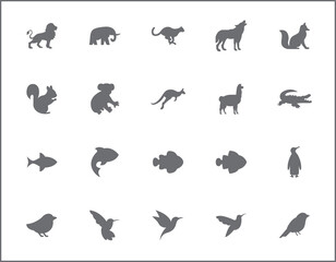 Set of animal and Pet line style. It contains such as Lion, Elephant, Cheetah, Wolf, Fox, Squirrel, Koala, Kangaroo and other elements.