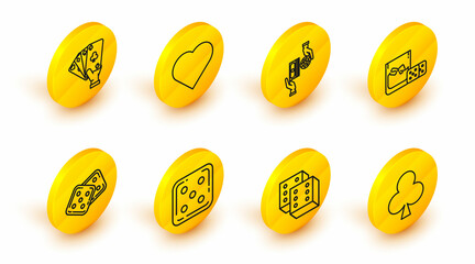 Set line Playing card with clubs symbol, Game dice, and glass of whiskey cubes, Casino chips exchange on stacks dollars, heart and Hand holding playing cards icon. Vector