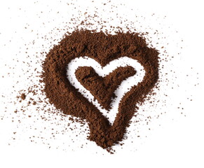 Milled coffee powder pile in heart shape for espresso isolated on white background, top view