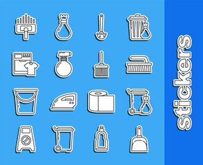 Set line Dustpan, Trash can, Brush for cleaning, Toilet brush, Washer and t-shirt, Vacuum cleaner and Handle broom icon. Vector