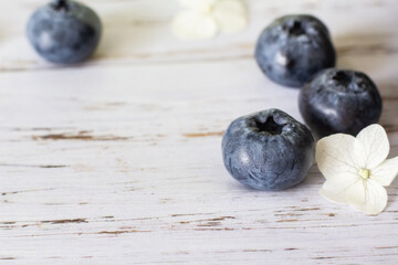 Ripe blueberries, hydrangea flowers nearby. Light wooden background