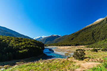 ニュージーランド　オタゴ地方のブループールまでのウォーキングトラックからの風景とマカロア川