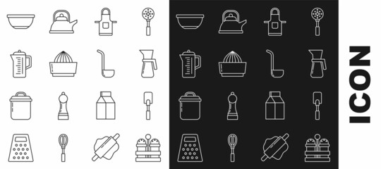 Set line Salt and pepper, Spatula, Measuring cup, Kitchen apron, Citrus fruit juicer, Teapot, Bowl and ladle icon. Vector