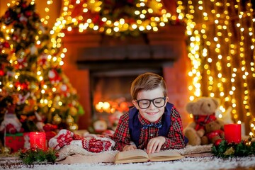 A boy with glasses lies on his stomach and reads a book near the Christmas tree with garlands