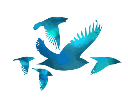 A flock of flying blue birds. Free birds. Vector illustration