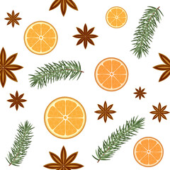 Fototapeta na wymiar A winter fragrance seamless pattern, oranges, pine branches, anis stars scattered on white background, Christmas season repeat pattern