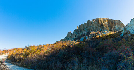 ニュージーランド　ワイタキ地方のオマラマ近郊にある断崖絶壁のクレイ・クリフと紅葉