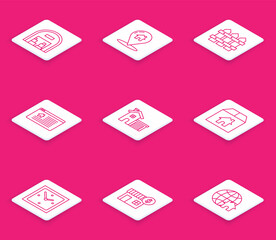 Set line Warehouse, Map pointer with, Garden fence wooden, Hanging sign text Online Sale, House, Cardboard box, Clock and dollar symbol icon. Vector