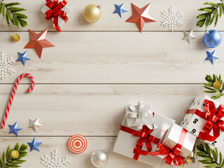 Christmas gifts on wooden background.