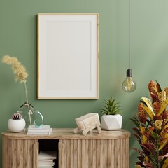 Interior poster mockup with vertical wooden frame on wooden cabinet and green wall.