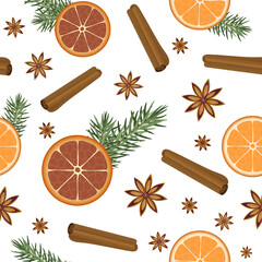 A winter fragrance seamless pattern, oranges, pine branches, anise stars and cinnamon sticks scattered on white background, Christmas season repeat pattern