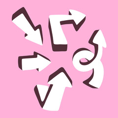 3D White Arrows Set Collection Icon Symbol on Pink Background. Flat Vector Illustration.