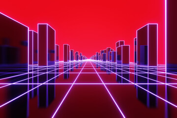 Abstract 3D red neon hologram cyberspace buildings. Digital City, Technology and connection concept. 3D illustration.