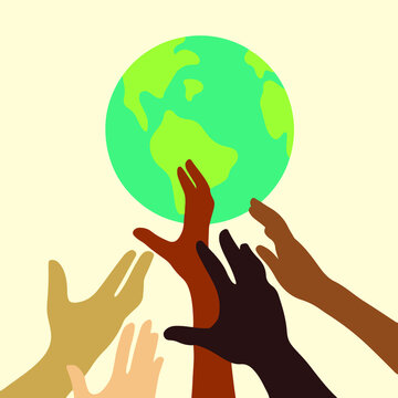 Hands of People with Different Skin Colors Holding Earth Globe Icon Symbol. Flat Vector Illustration. 