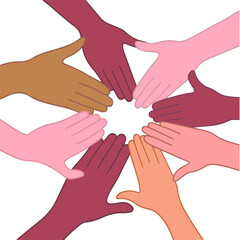 People's Hand with Different Skin Colors Make Circle Shape on White Background. Unity in Diversity No Racism Icon Concept Design. Hand Drawn Colored Flat Vector Illustration.