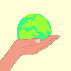 Hand Holding Earth Globe Icon Symbol. Save the Earth Design Concept. Flat Vector Illustration. 
