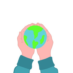 Hand Holding Earth Globe Icon Symbol. Save the Earth Design Concept. Flat Vector Illustration. 