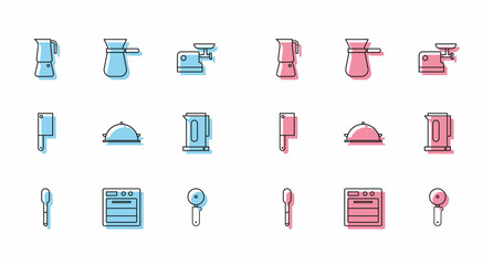 Set line Spoon, Oven, Moka pot, Pizza knife, Covered with tray of food, Kettle handle, Meat chopper and Coffee turk icon. Vector