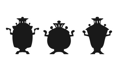 Retro samovar. Silhouette icons set. Black hand drawn illustration. Traditional symbol of Russian tea drinking. Contour isolated vector on white background