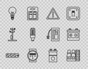 Set line Electric extension cord, Power station plant and factory, Exclamation mark in triangle, meter, Light bulb with concept of idea, LED light, Car battery and icon. Vector