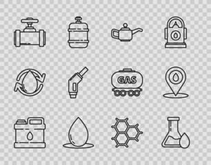 Set line Canister for motor machine oil, drop, Industry metallic pipes and valve, Gasoline pump nozzle, Chemical formula consisting of benzene rings and Refill fuel location icon. Vector