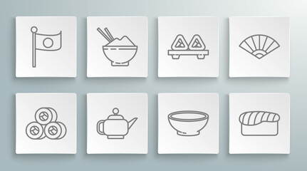 Set line Sushi, Rice in a bowl with chopstick, Japanese tea ceremony, Bowl of hot soup, cutting board, Paper chinese or japanese folding fan and National flag pole icon. Vector