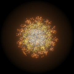 Orange firework explosion, glowing round particles with bloom on pitch black background