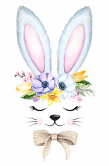 Easter bunny ears on white background. Cute white rabbit. Spring flowers bouquet. Watercolor illustration.