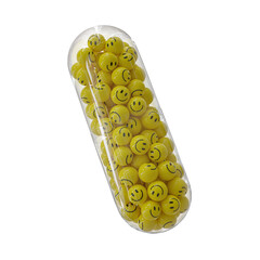 3d Rendering of yellow happy balls in capsule Isolated on white Background - Happy Pills Concept - 3D Illustration