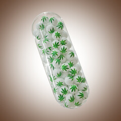 3d Rendering of white balls with cannabis leaf in capsule on gradient brown Background - Weed Pills Concept - 3D Illustration