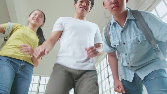 Violent Asian Students At High School Bullying At The Camera
