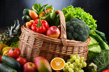 Composition with assorted organic vegetables and fruits